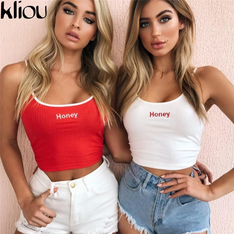 Kliou Женская Мода Новые бретельки Вышивка Майки-топы бочкообразной формы с буквами бюстье жилет укороченный топ без косточек Женская Сексуальная Повседневная одежда