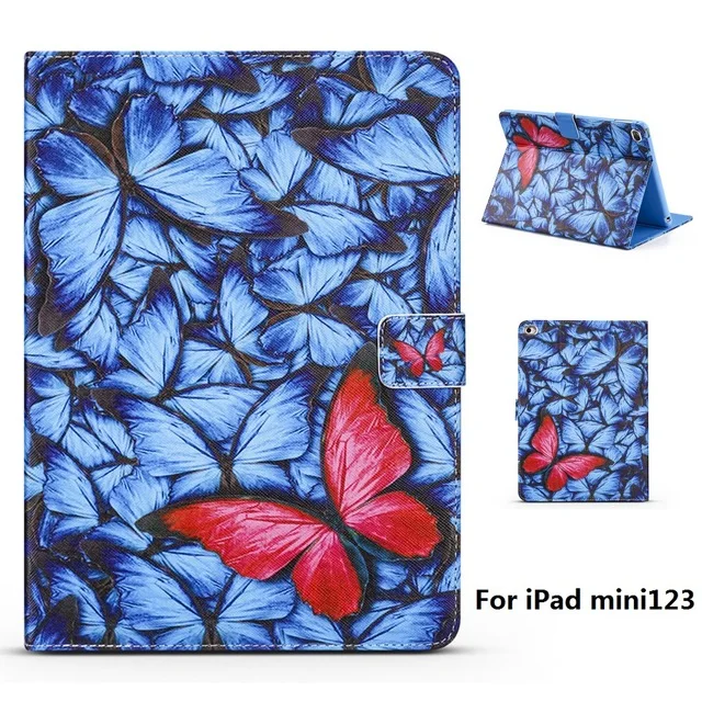 Чехол из искусственной кожи с синим Рисунком бабочки и подставкой для IPad Mini 1 2