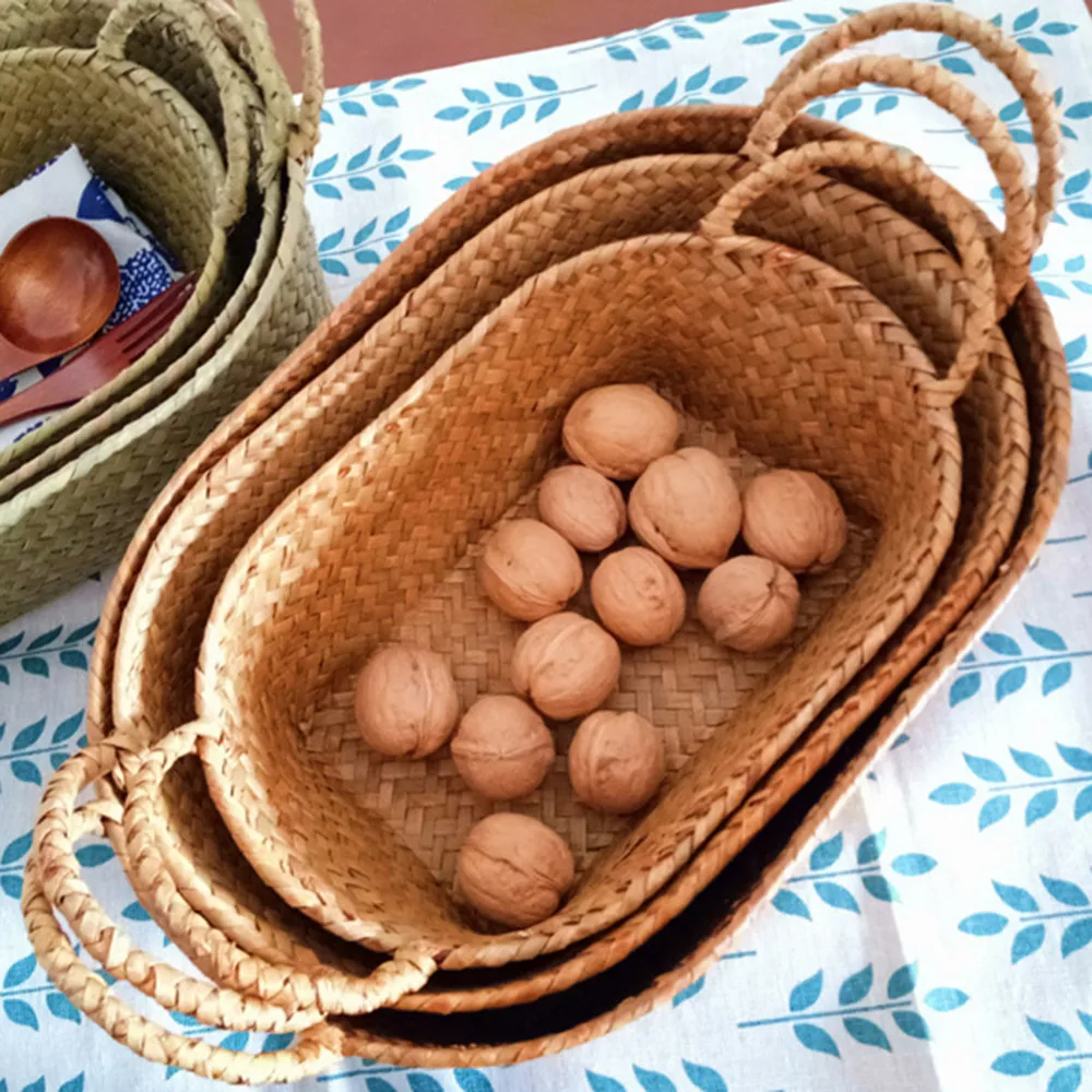 Ручная работа, коробка для хранения Бамбуковая корзина из ротанга для фруктов, органайзер для косметики, тканые корзины, для хранения плетеные корзины