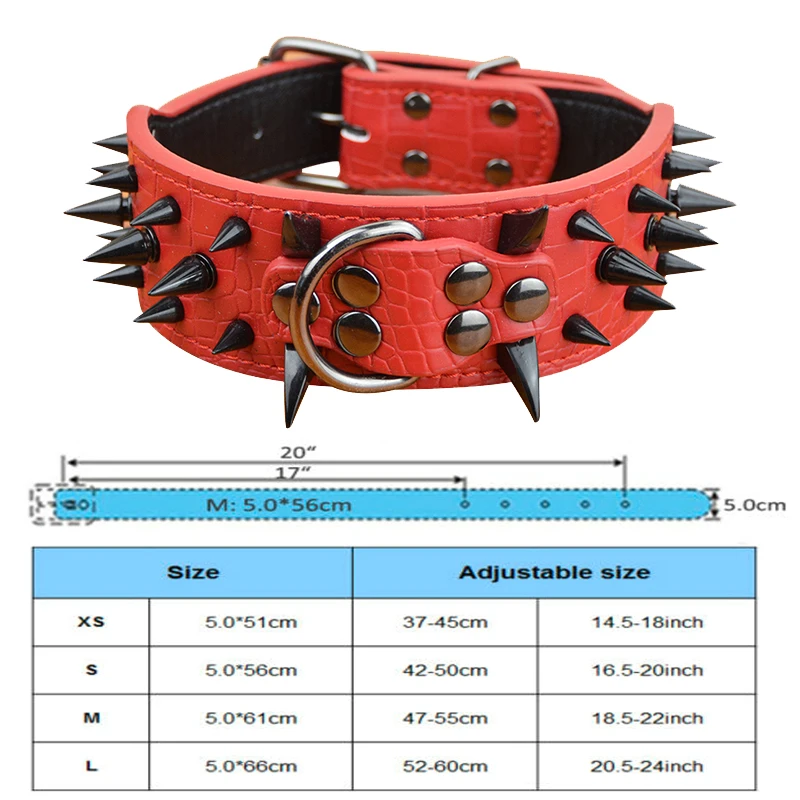 

High Quality Large Dog Collar 2" Width 3 Colors Sharp Spike Studded Crocodile Style Medium Big Dog Pet Collars