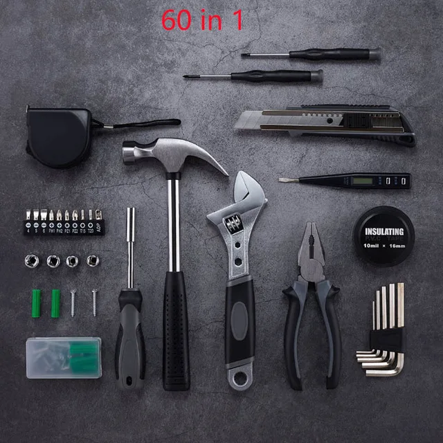 60 in 1 XIAOMI jiuxun 12/60 шт. набор ручных инструментов бытовыми ремонтный набор ручных инструментов в инструментальный ящик для хранения чехол ключ, дюймовый стандарт молоток лента плоскогубцы K - Цвет: 60 in 1