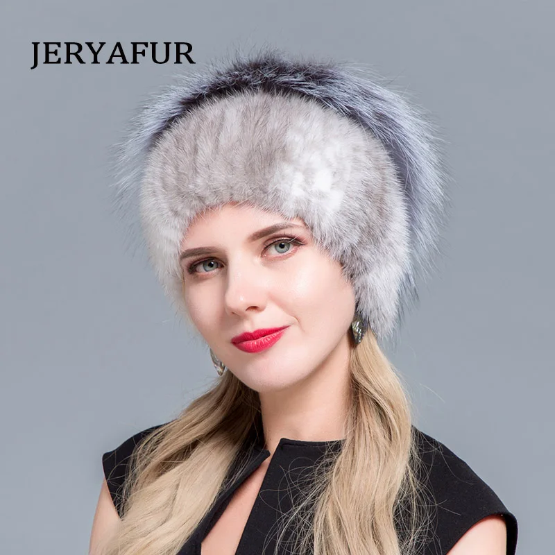 JERYAFUR модная меховая женская шапка в русском стиле из меха норки и лисьего вязаная