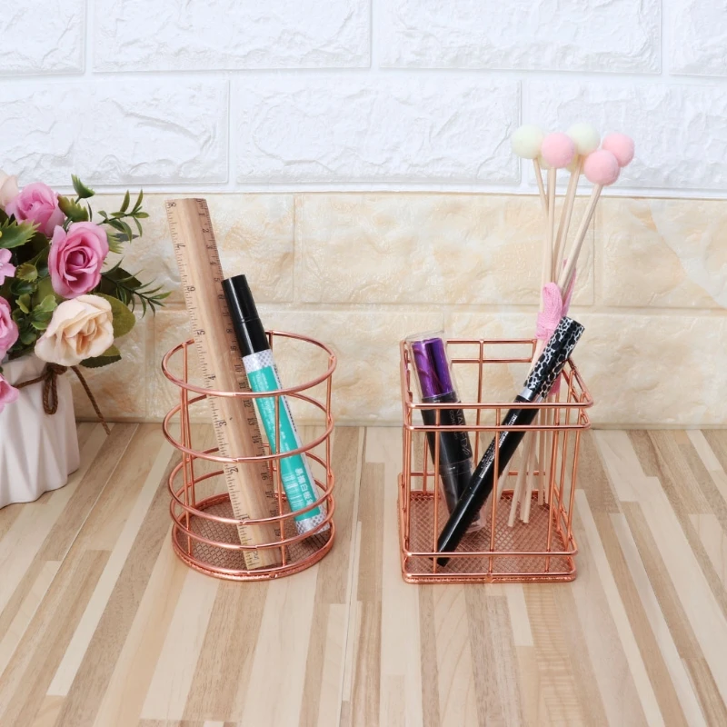 

Rose Gold Metal Pen Holder Box Case Desk Stationery Office School Desk Supplies