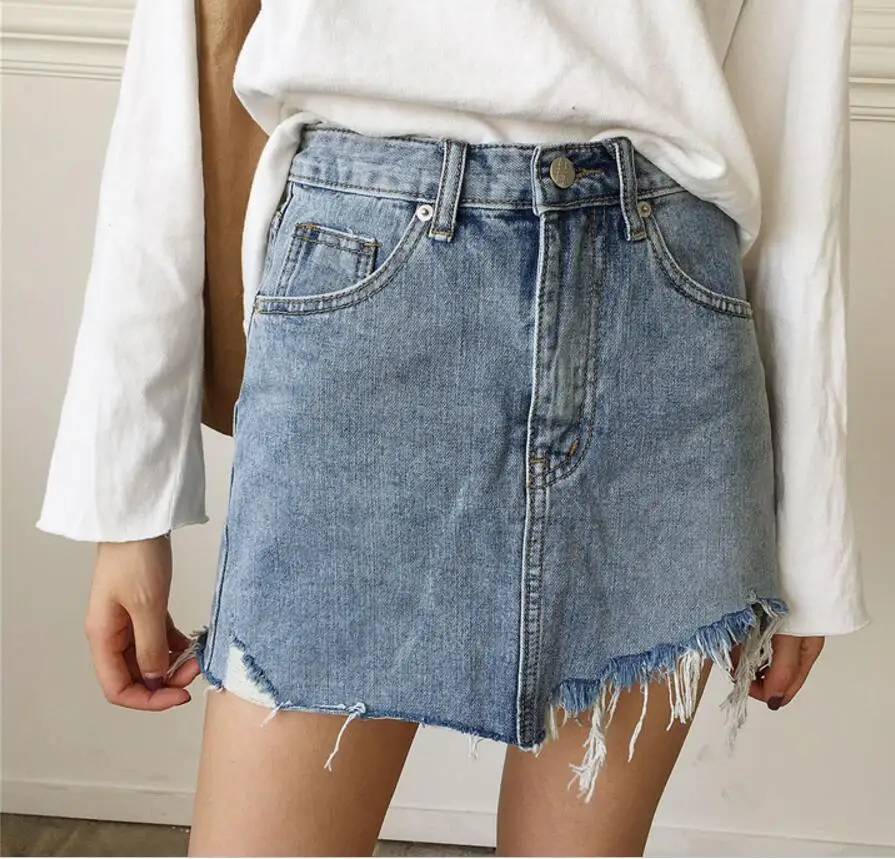Новинка 2018 летняя джинсовая юбка женская с высокой талией и неровными краями