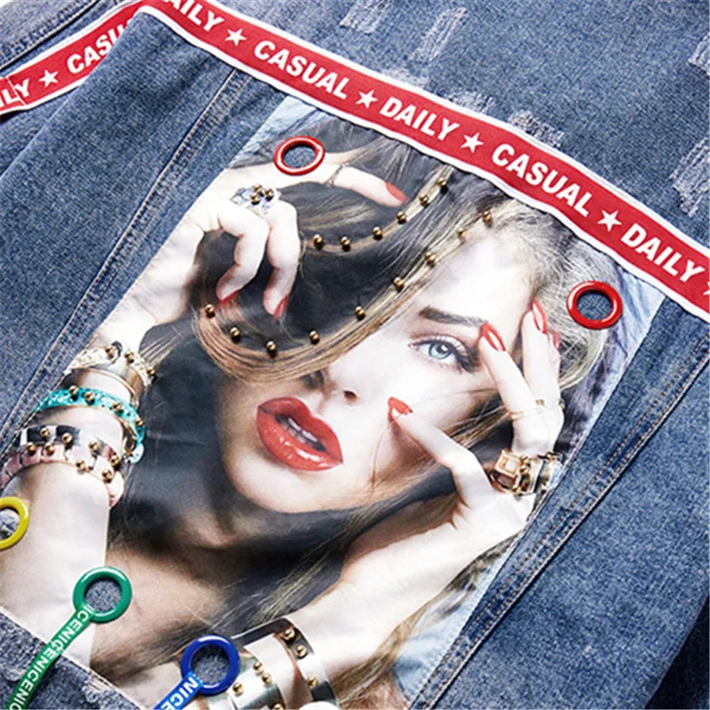 Женская джинсовая куртка в стиле Харадзюку С 3D принтом модная с лентами и бисером