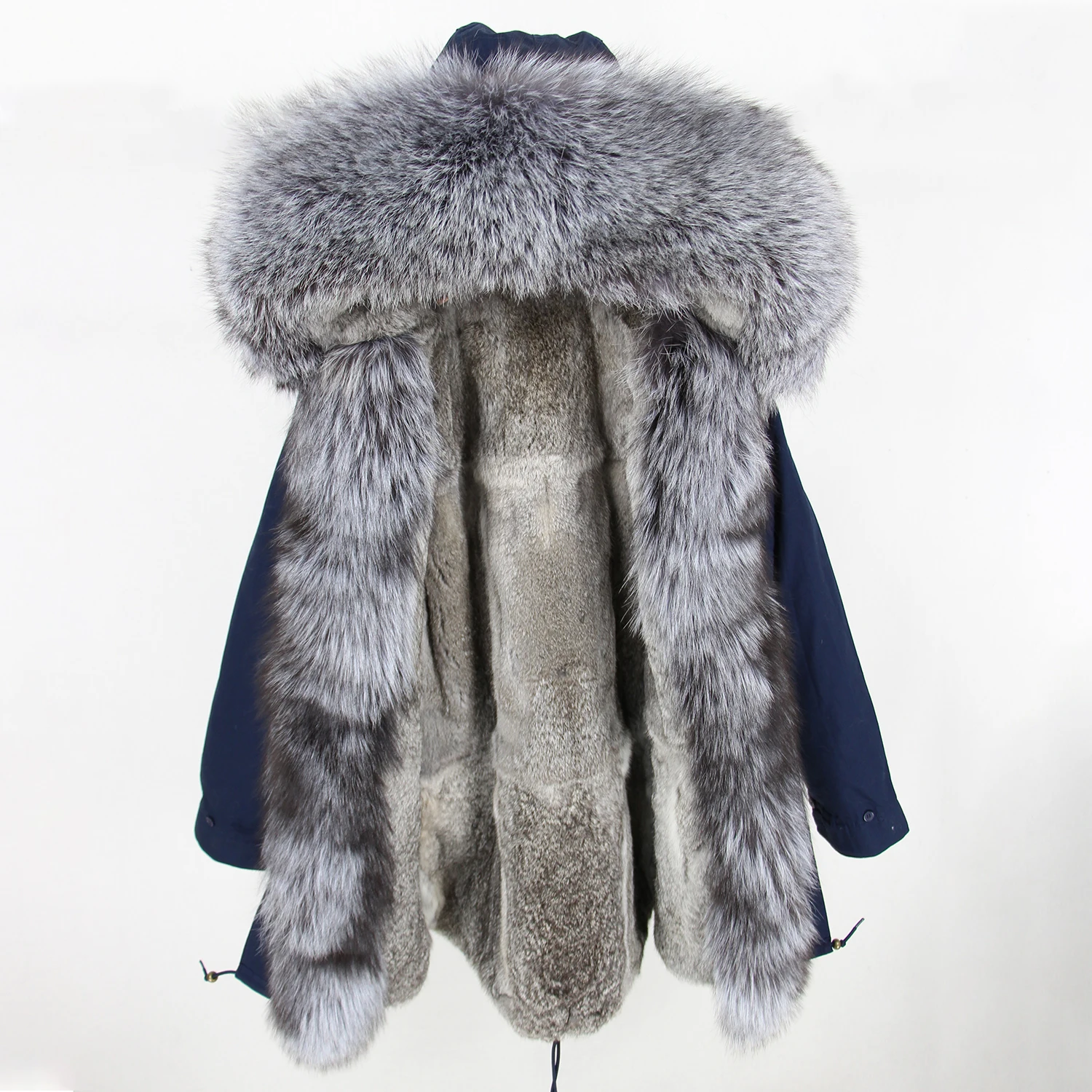 blue silver Брендовое пальто из натурального меха, длинная парка, зимняя куртка, женские парки, натуральный мех енота, капюшон, подкладка из натурального кроличьего меха, роскошная уличная одежда - Цвет: blue silver