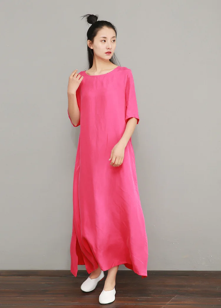 rose red NINI WONDERLAND летнее купро и шелковое платье халат женские свободные платья женское длинное классическое платье Короткое большой размер высокое качество - Цвет: rose red