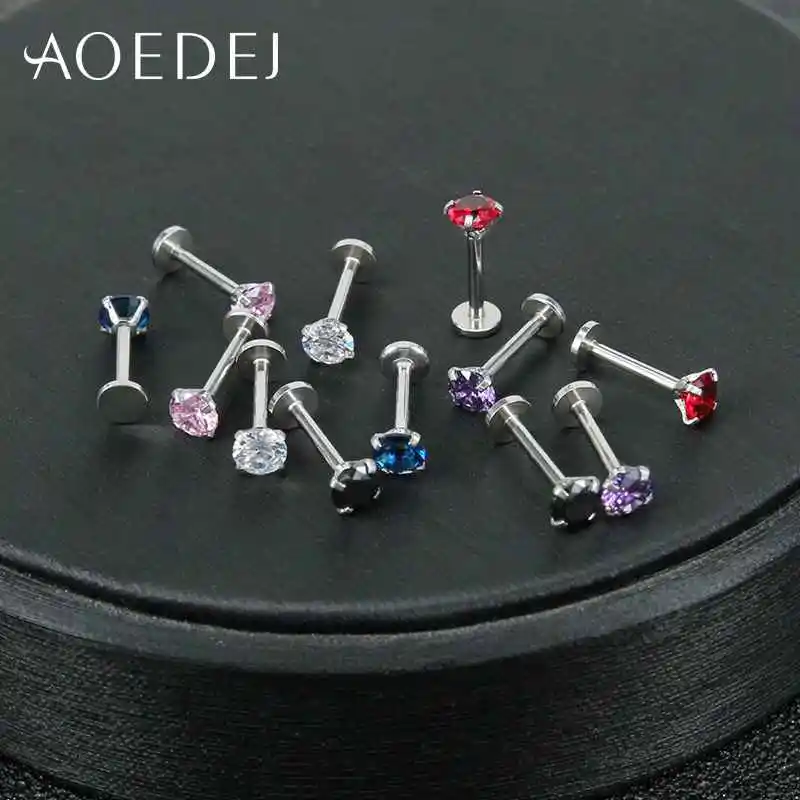 AOEDEJ 12 шт./партия, 16 г, набор кристаллических Лабрет, циркон, внутренняя резьба, губная серьга для пирсинга, из нержавеющей стали, ухо траг, серьги-гвоздики