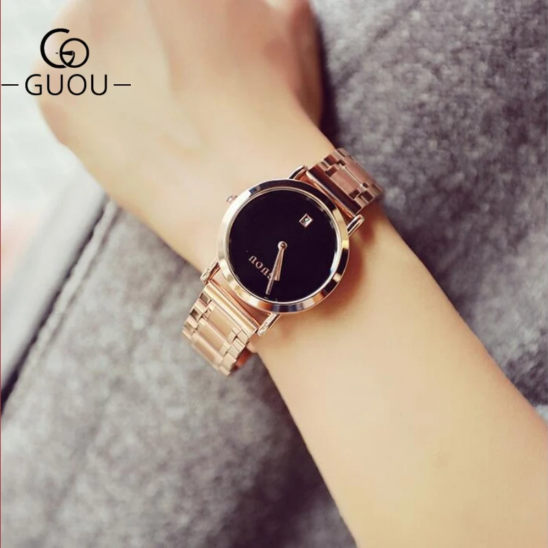 GUOU брендовые роскошные часы женские модные из нержавеющей стали с