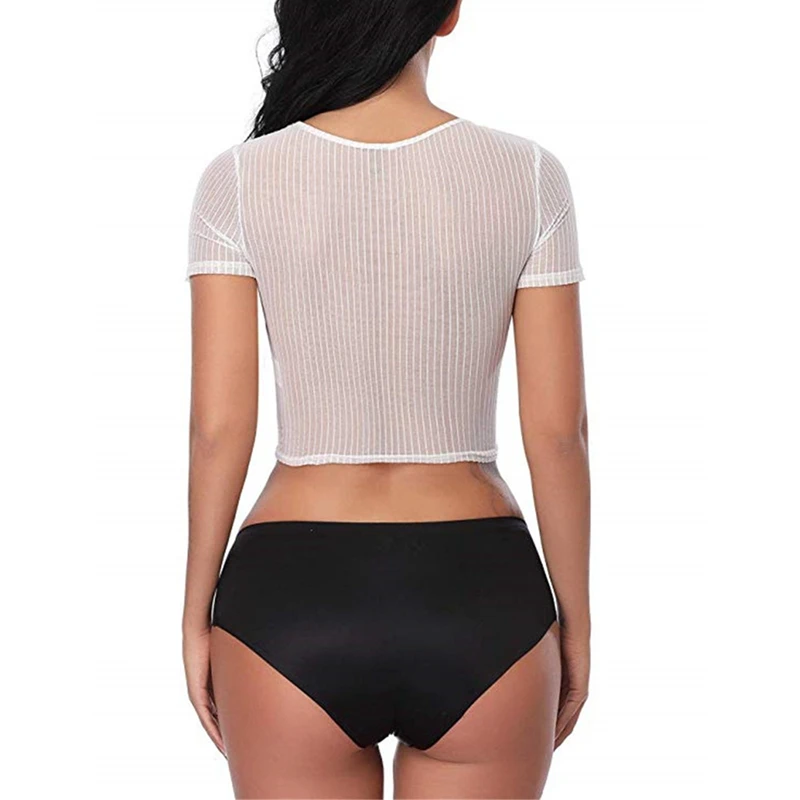 Пикантные прозрачные сетчатые мужские Топ Футболка женская летняя с О-образным