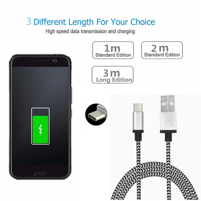 1 м/2 м/3 м многоцветный Новый Плетеный Quick Charge Тип USB C кабель Мобильный телефон
