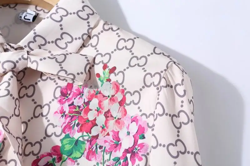 Elegant Office Lady Turn Down Collar Tied Neck Floral Geometric Printing Blouse Spring Women Button Loose Tops And Blouses