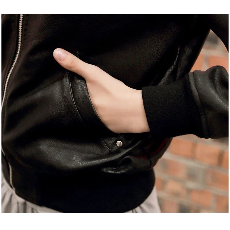 

Black Baseball Leather Jacket Women PU Bomber Embroidery Jaqueta Couro Veste Cuir Femme Long Sleeve Women Coats U170499