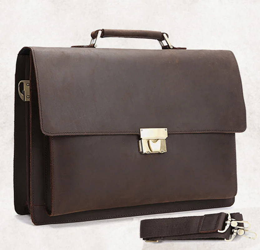 Vintage Genuine Leather men Briefcase Leather Business bag Men laptop Bag Tote Briefcase with coded lock Handbag Shoulder bag