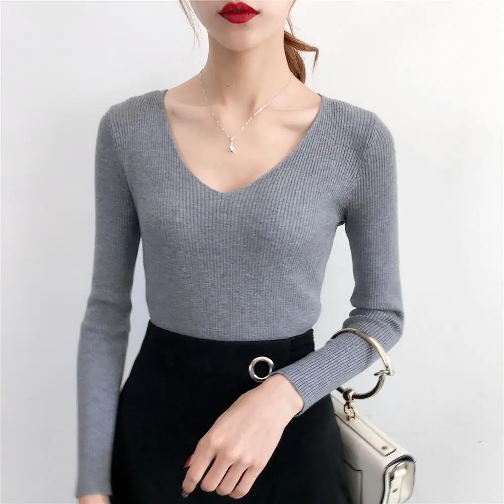 2019 Autumn Women's Knitting Pullovers Sweater V-neck Long Sleeve Slim Tight Solid Korean Casual Fashion Elegant Tops T97411D | Женская