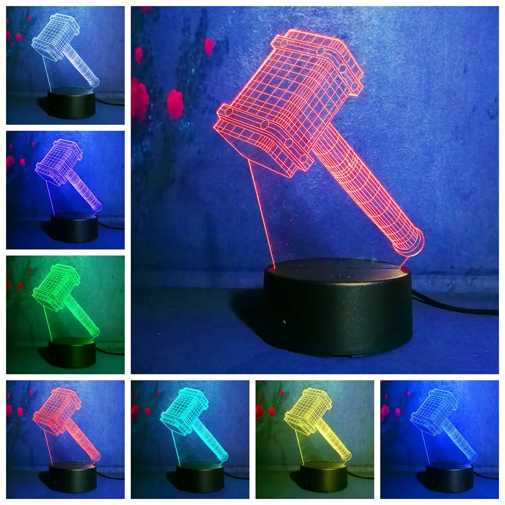 3D Marvel Super Hero Thor Hammer Ночной светильник 7 цветов иллюзия изменение мальчик игрушка