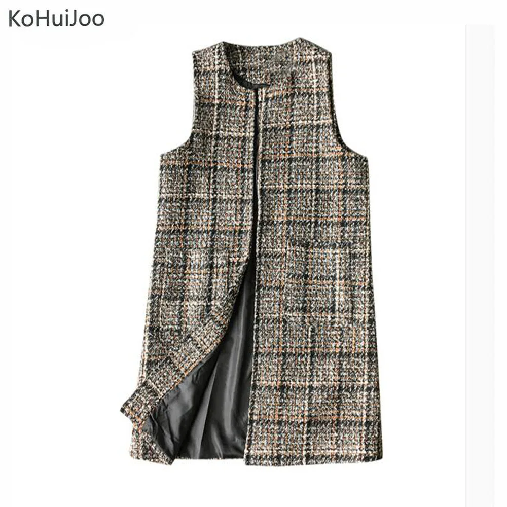 KoHuiJoo XL-3XL размера плюс осень зима женский длинный шерстяной жилет Свободный О-образный вырез коричневый твидовый жилет винтажный жилет кардиган без рукавов