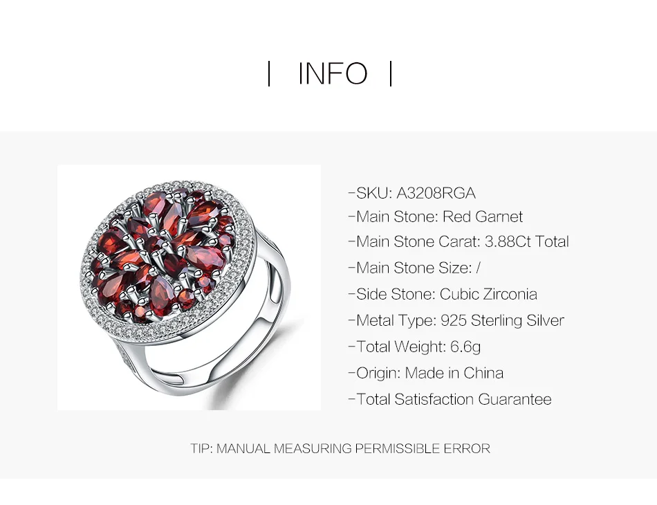 GEM'S BALLET 3.88Ct круглый натуральный красный гранат драгоценный камень кольцо для женщин 925 пробы серебряные винтажные коктейльные кольца хорошее ювелирное изделие