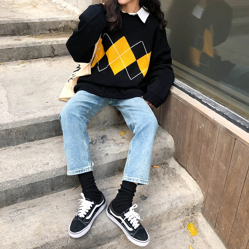 3 colors 2018 autumn and winter korean style o neck loose Argyle knitted warm sweaters womens pullovers (X998) | Женская одежда