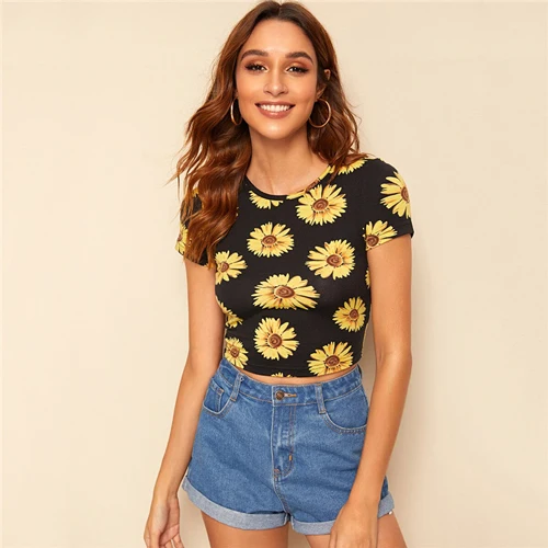 SHEIN, укороченная Футболка с принтом подсолнуха, женская одежда, летняя Приталенная футболка с круглым вырезом, повседневные Черные женские топы с коротким рукавом - Цвет: Черный