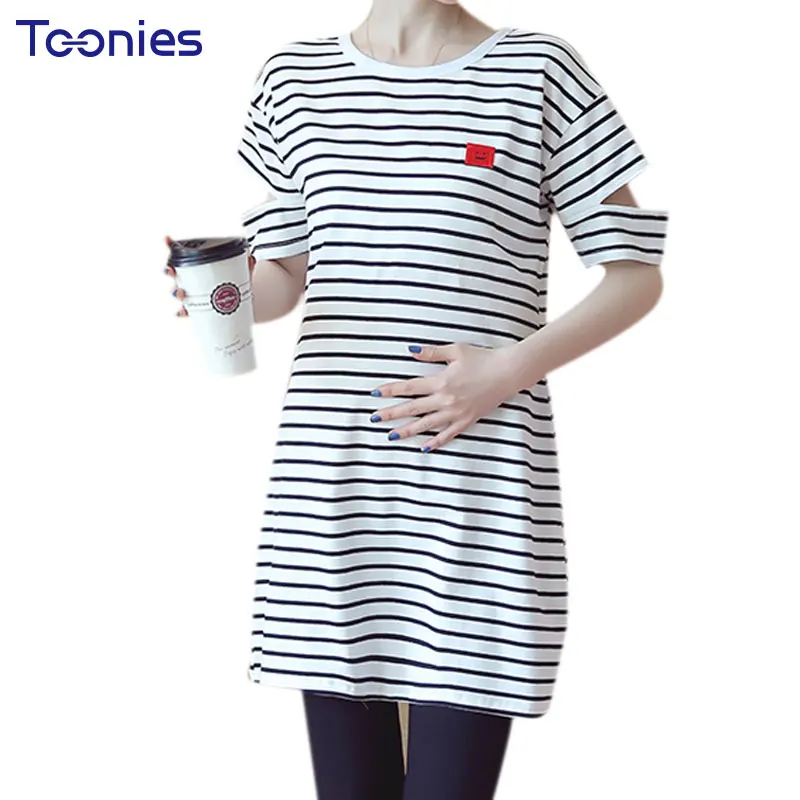 Хлопок полоса лоскутное Материнство платье разделяет рукавом Одежда для