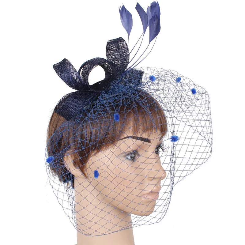 Navy JaneVini Винтаж золотые свадебные Шапки и Fascinators женские свадебные вечерние шляпа Перья для волос Pin чистая клетка покрывал Afrikaanse Hoed - Цвет: Navy