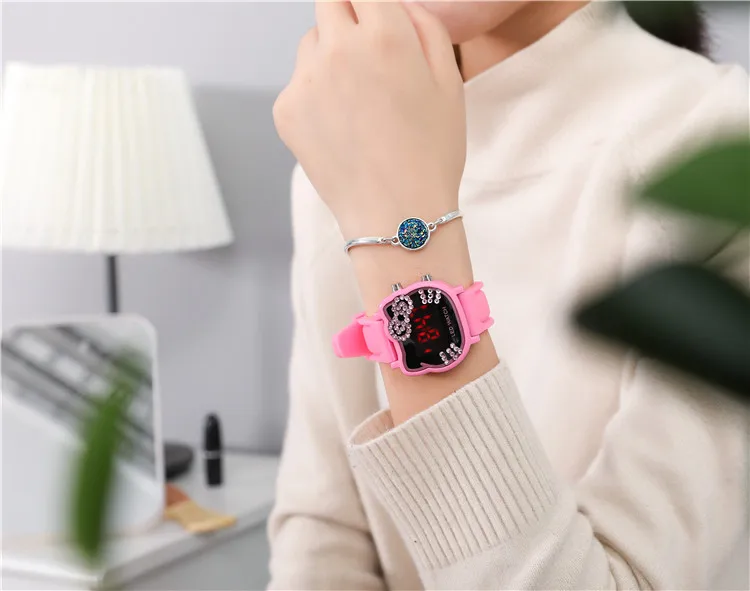 Милые, часы hello kitty, детские часы с кристаллами для девочек, цифровой светодиодный, детские часы, женские часы-браслет, Relogio Feminino