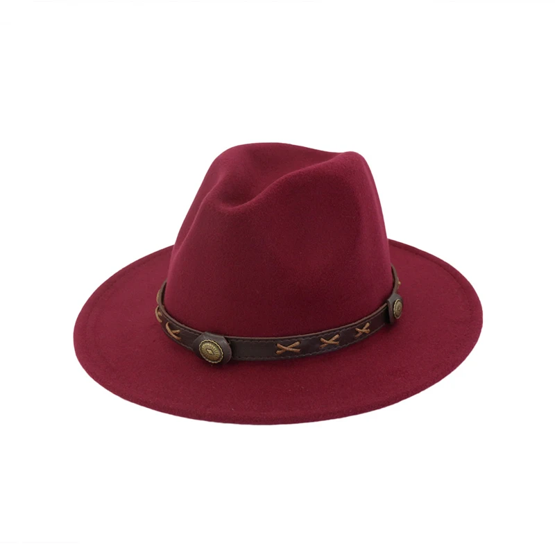 Шерстяная фетровая шляпа Панама Trilby Jazz Fedoras Шляпы с коричневым поясом с плоскими полями для торжественных вечеринок топ шляпа для женщин мужчин унисекс GH-450 - Цвет: wine red