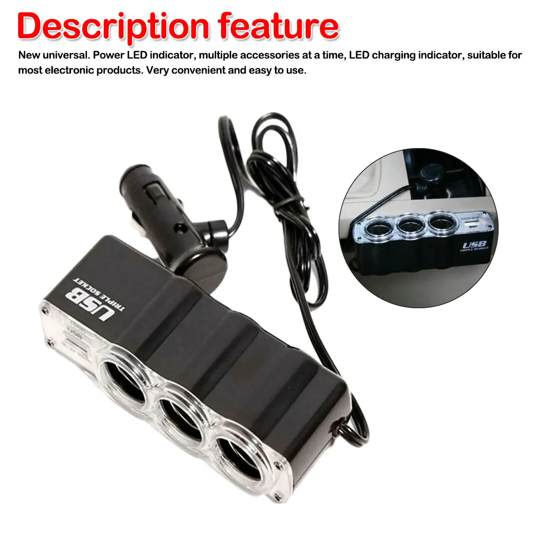 Универсальный DC 12V 3 Way Авто прикуриватель мульти Разветвитель USB зарядное устройство адаптер питания с USB портом