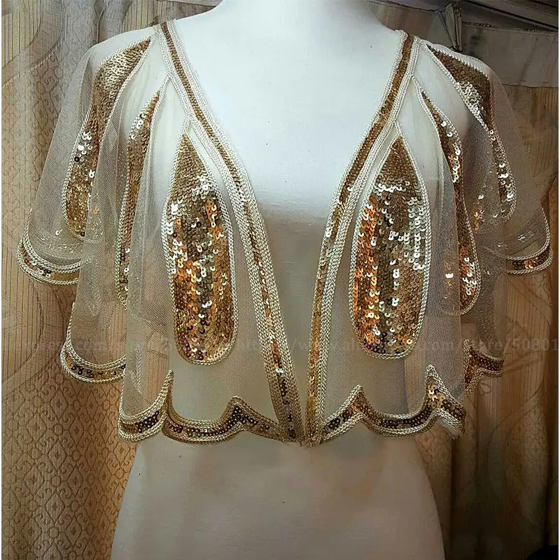 Gold(string) Shawl Женская свадебная шаль 1920 s, накидка с блестками и бисером, вечерняя накидка, свадебная шаль, болеро, накидка, Солнцезащитная накидка, золотистый/черный цвет - Цвет: Gold(string) Shawl