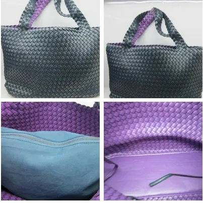 dark blue purple Новинка, модная Женская тканая сумка, двойной цвет, с внутренним карманом, большой размер, кошелек, плетеные кожаные сумки - Цвет: dark blue purple