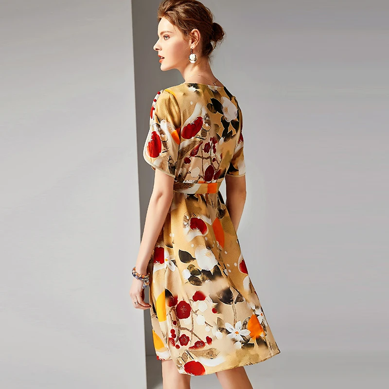 100% шелковое платье женское с круглым вырезом и лепестками короткими рукавами