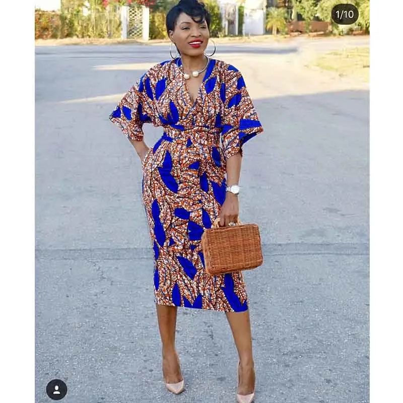 African women's summer fashion print V-neck dress straps slim elegant temperament with stretch comfort Photo Color | Женская одежда