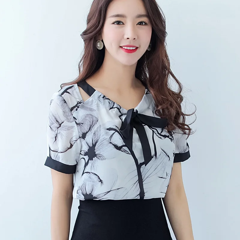 

Casual Chiffion Blouse Shirt Summer Korean O-Neck Print Short Sleeve Shirt Women Clothing Fashion clothes Blouse Top Tees