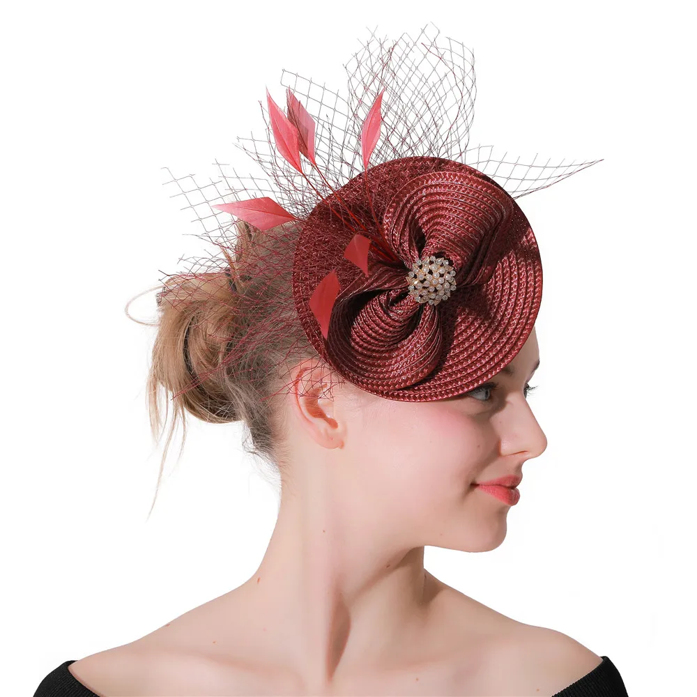

Wine Red Cocktail Church Fascinators Accessories Hair Clips Ladies Headwear Hairpin Feather Flowers Decoration Party Headpieces