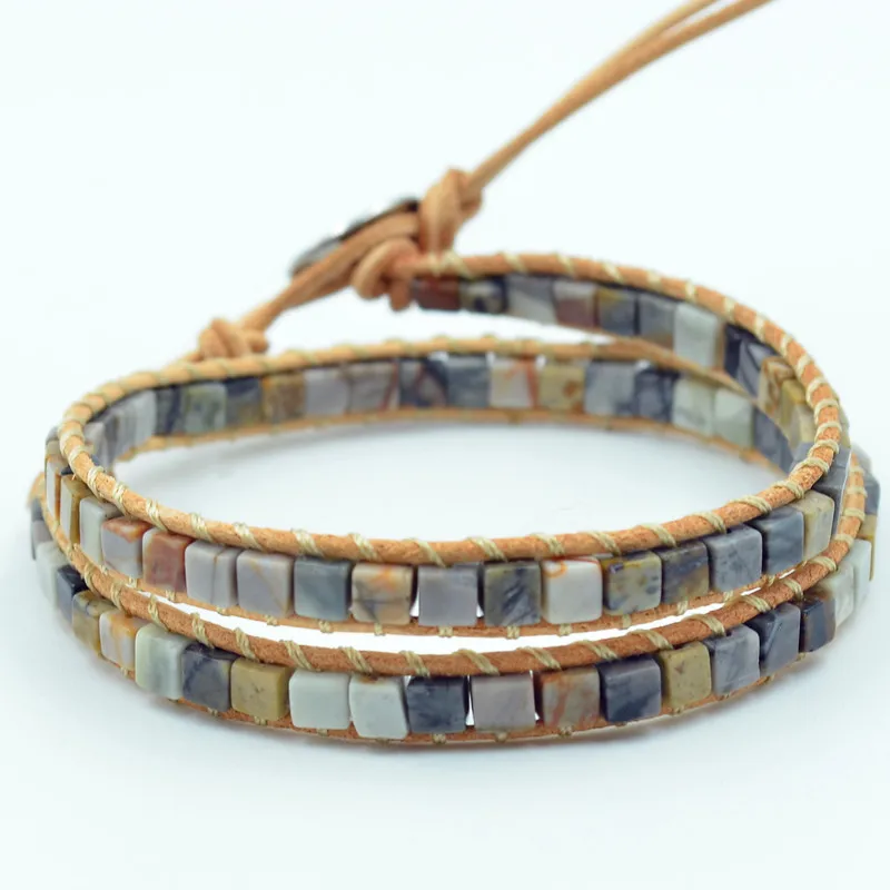 Women Leather Bracelets High End Mix Natural Stones 2 Strands Wrap Vintage Weaving Bead Bracelet Dropshipping | Украшения и