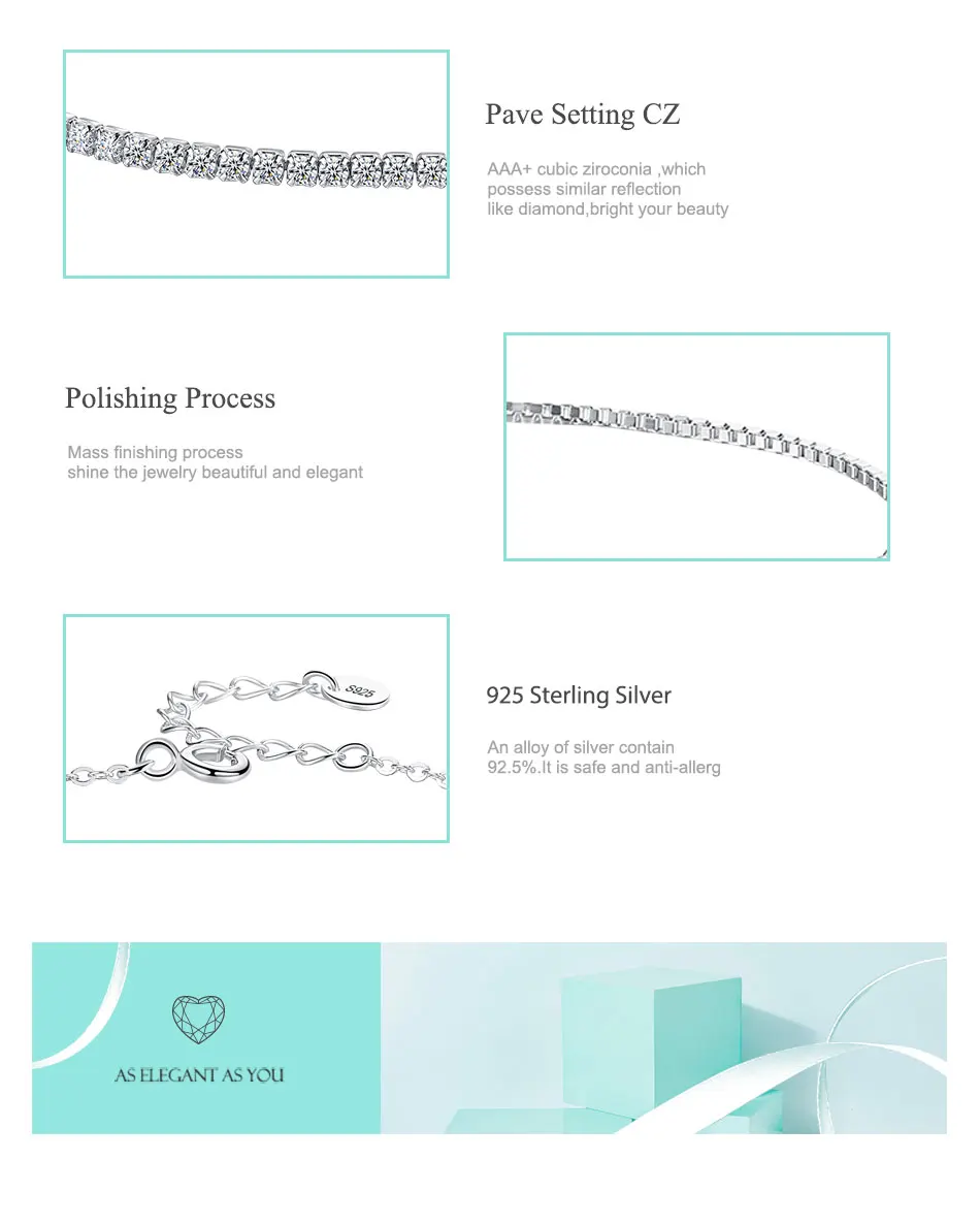 ELESHE Authentic Real 925 Sterling Silver Bracelet for Women Cubic Zirocnia Crystal Tennis Charm Bracelet Wedding Jewelry Gift