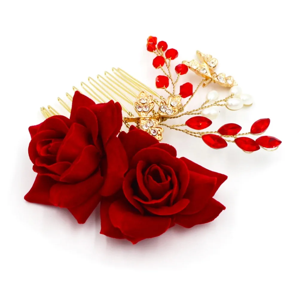 

Wedding Hair Accessories Clips Romantic Crystal Pearl Red Flower HairPin Rhinestone Tiara Bridal Hair Pins Bride O929