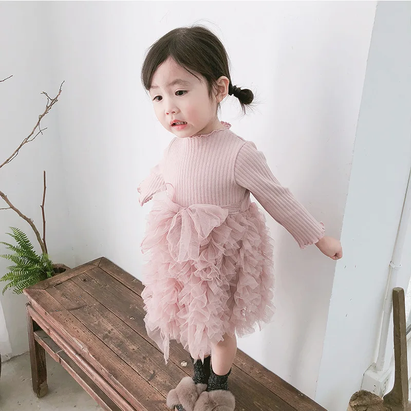 2018 Autumn New Arrival korean style cotton pure color Butterfly Knot princess Long Sleeve Cake dress for cute sweet baby girls | Детская
