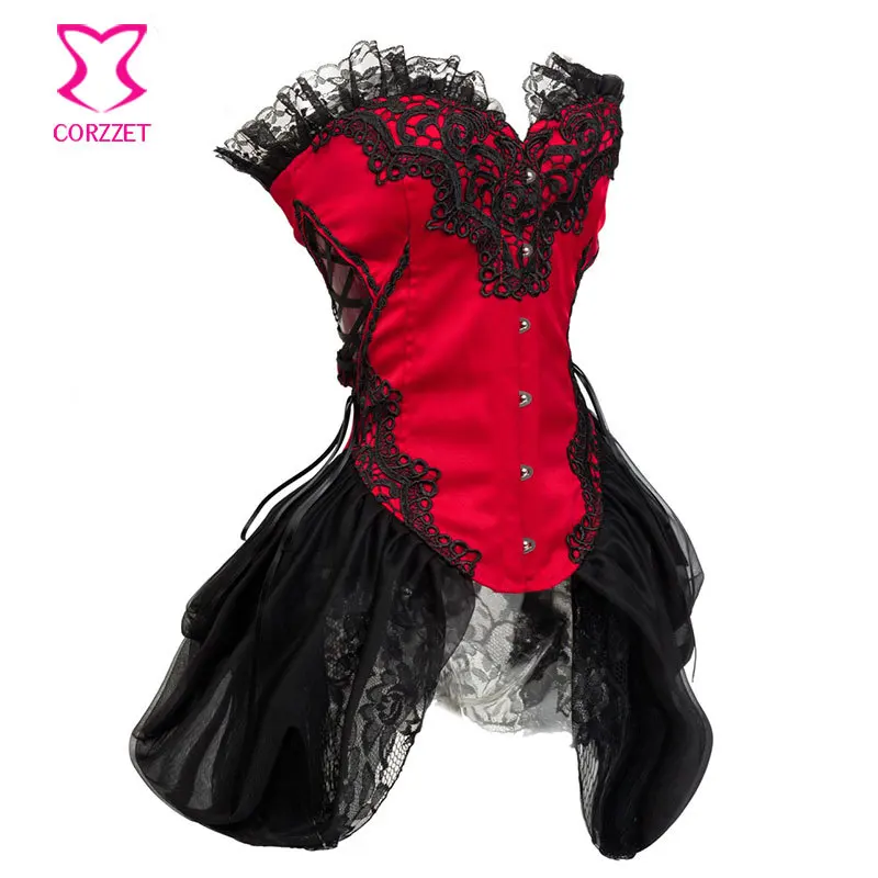 Красно черный Викторианский кружевной плиссированный корсет в стиле стимпанк