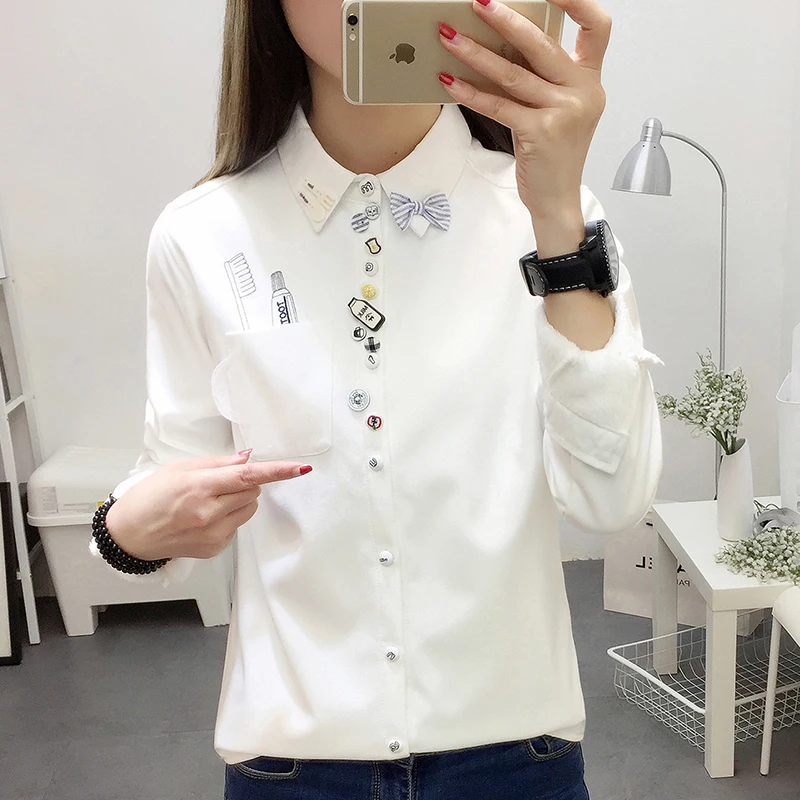 Осенне зимняя Женская Полосатая милая блузка с вышивкой бархатная рубашка