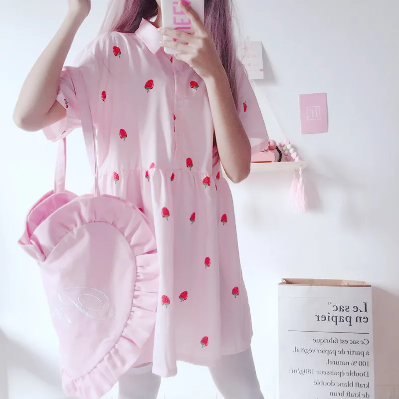Женские платья японский Harajuku Ulzzang маленькое шифоновое платье с принтом клубники
