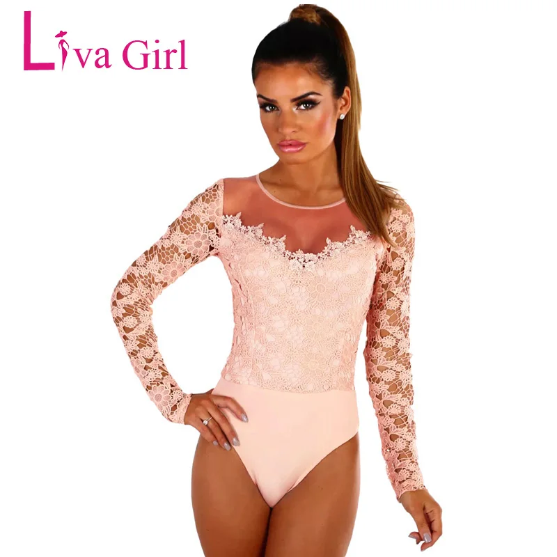 Liva Girl Сексуальное Кружевное боди для женщин, вязанные крючком сетчатые боди с длинным рукавом, Комбинезоны Весна-Осень, черный и белый комбинезон