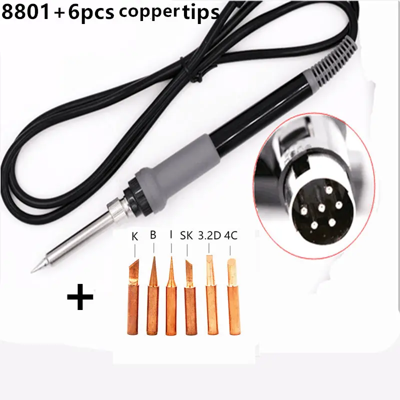 8801 and copper tip Хорошее качество SZBFT 8PIN паяльник сменная ручка 8801 с 936 паяльными наконечниками для припой HAKKO станция FX-888 - Цвет: 8801 and copper tip