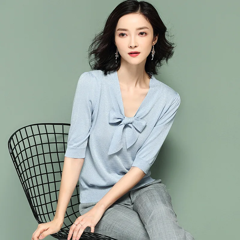 Suvance Fashion Knitted Office Lady Bow Collar Pullover Patchwork Half Sleeve V Neck Thin Sweater | Женская одежда