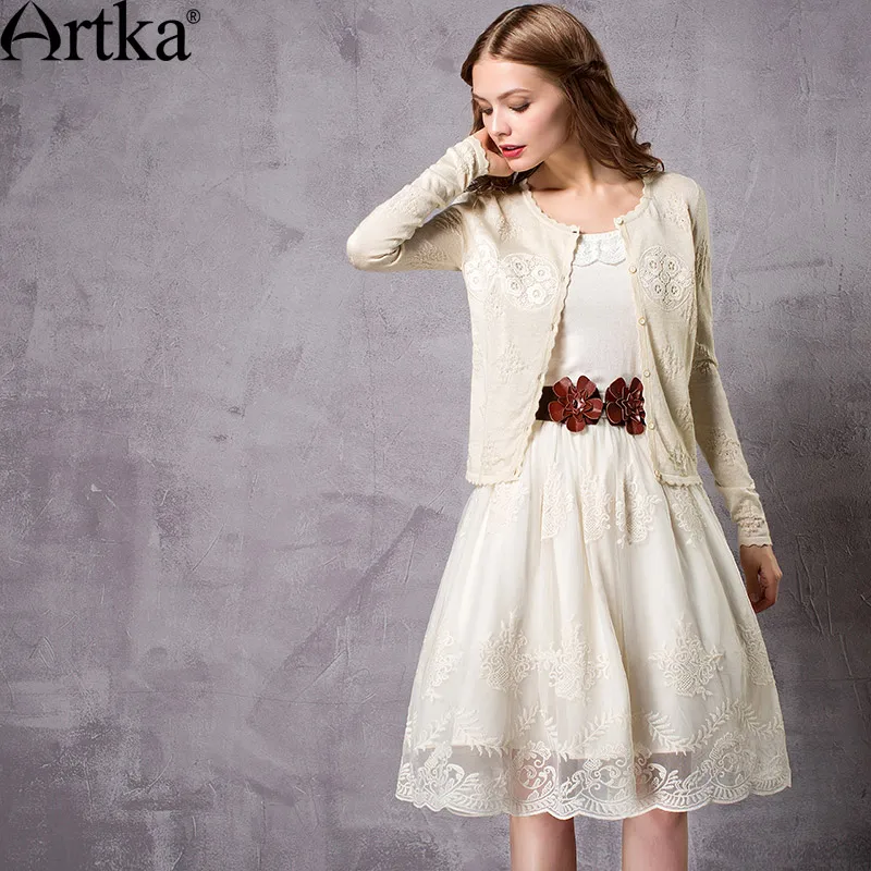 ARTKA женский осенний бежевый жаккардовый кардиган с вышивкой винтажный