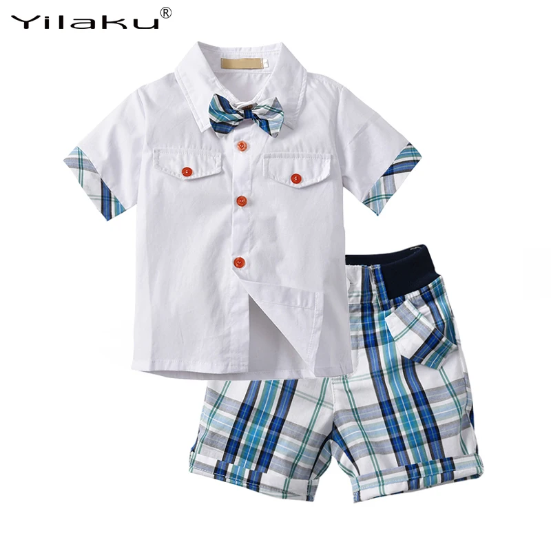 Yilaku baby boy summer clothes set white shirt+shorts 2pcs kids boys short sleeve clothing blue Plaid CF578 | Детская одежда и