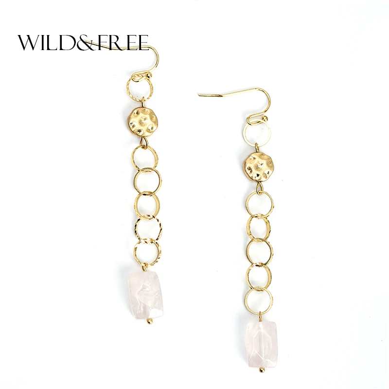 

WILD & FREE Women Trendy Pink Natural Stone Drop Earrings Gold Color Metal Hook Long Dangle Earrings for Women Jewelry
