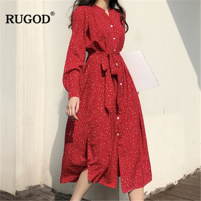 Женское длинное однобортное платье RUGOD красное до середины икры с v образным