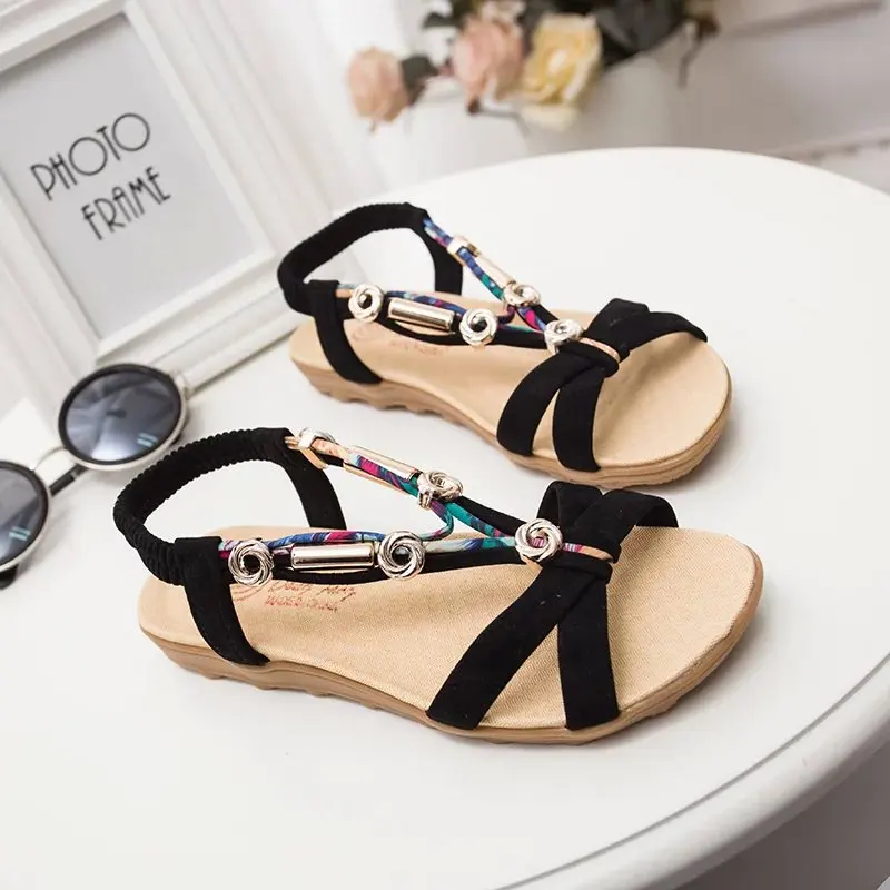 sweet Brand women shoes woman sandals Ankle-Wrap Flock Elastic band Floral Front &amp Rear Strap Flat with String Bead A465A | Обувь